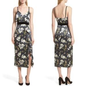cinq a sept Black Floral Satin Midi Dress